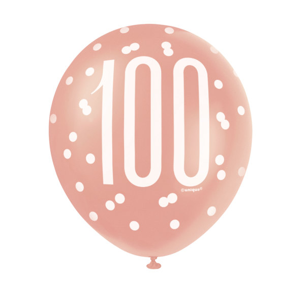 12" Birthday Rose Gold Glitz 'Number 100' Latex Balloons (6 Pack)