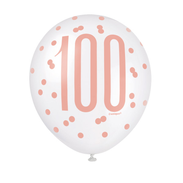 12" Birthday Rose Gold Glitz 'Number 100' Latex Balloons (6 Pack)