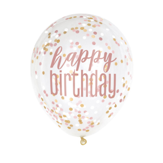 12" Clear Printed Rose Gold "Happy Birthday" Balloons with Confetti (6 Pack)