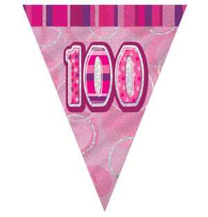 Birthday Pink Glitz Number 100 Flag Banner (9 Ft)