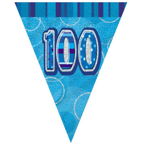 Birthday Blue Glitz Number 100 Flag Banner (9ft)