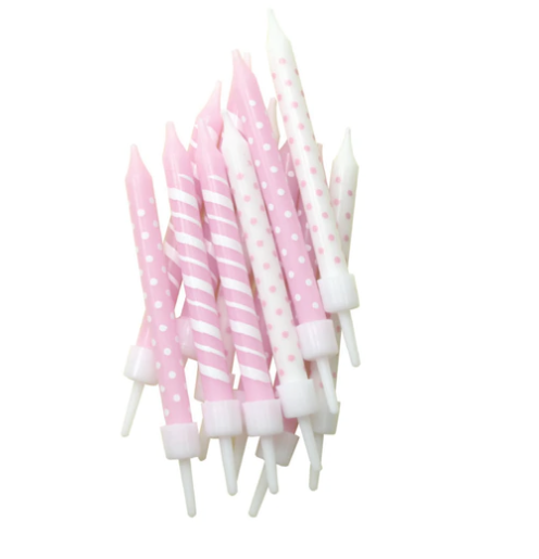 Polka-Dot & Candy-Cane Stripe Candles Light Pink & White with Holders - 7.5cm / 3" (12 Pack)