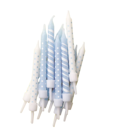 Polka-Dot & Candy-Cane Stripe Candles Light Blue & White with Holders - 7.5cm / 3" (12 Pack)