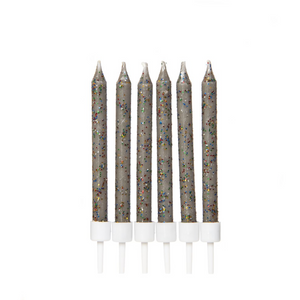 Glitter Candles Grey with Holders 7.5cm (12 pack)
