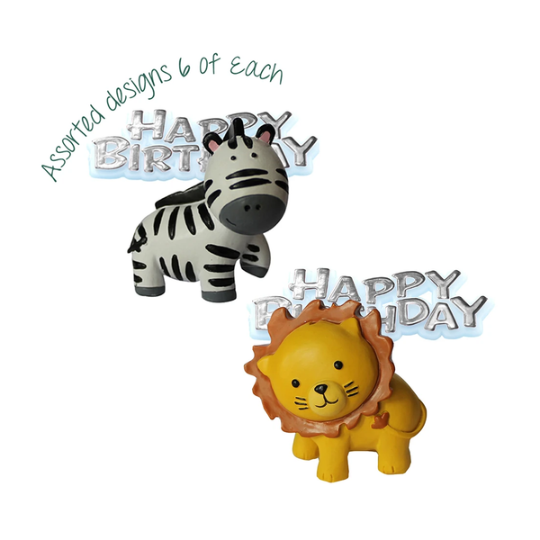 Safari Animals Resin Cake Toppers & Silver Happy Birthday Motto 3 x 5cm (2 pack)