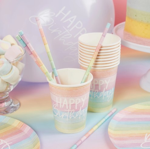 Eco Rainbow 'Happy Birthday' Paper Cups - (8 Pack)