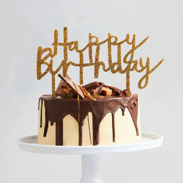 GOLD ACRYLIC 'HAPPY BIRTHDAY' CAKE TOPPER (200X142MM)