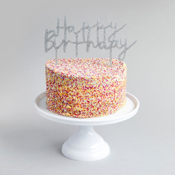 SILVER ACRYLIC 'HAPPY BIRTHDAY' CAKE TOPPER (200x142MM)