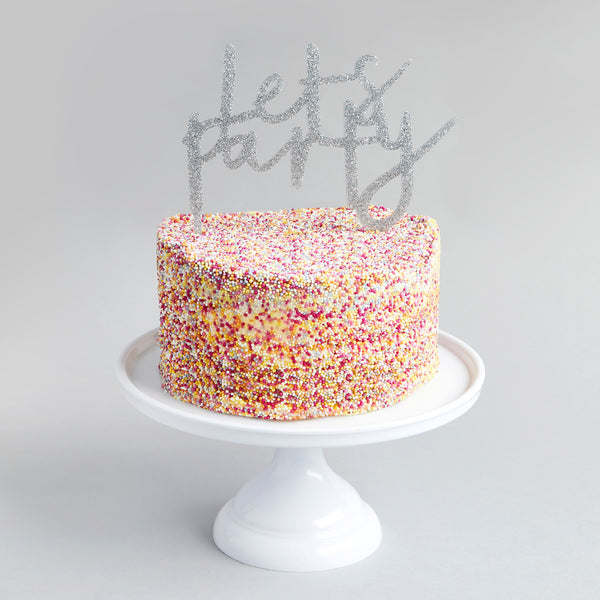 SILVER GLITTER ACRYLIC  'LET'S PARTY' CAKE TOPPER (165x160mm)