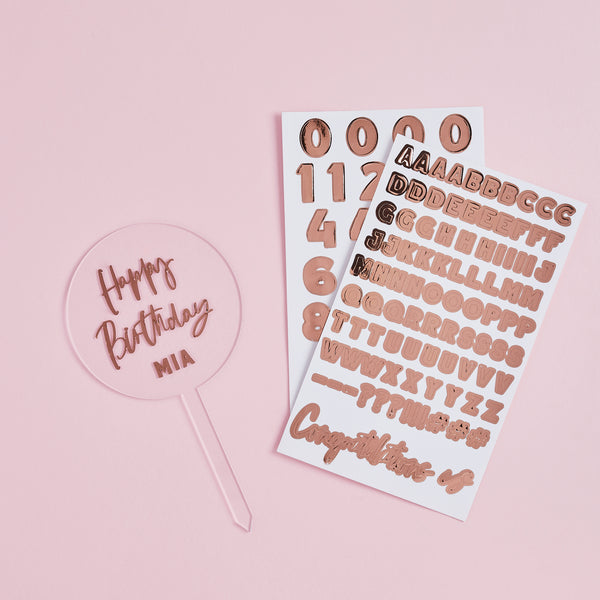 PERSONALISED ACRYLIC CAKE TOPPER WITH 2 ROSE GOLD STICKER SHEETS