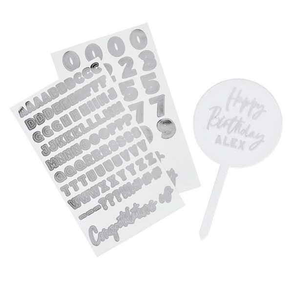 PERSONALISE ACRYLIC CAKE TOPPER WITH TWO SILVER STICKER SHEETS