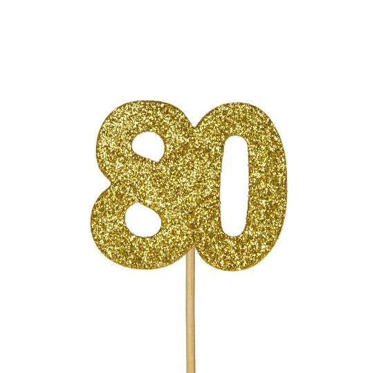 Glitter '80' Numeral Cupcake Toppers - Gold (12 Pack)