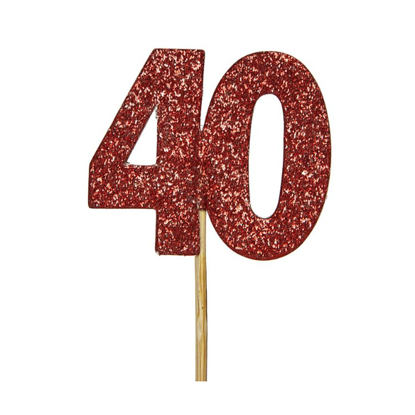 Glitter '40' Numeral Cupcake Toppers - Ruby (12 pack)