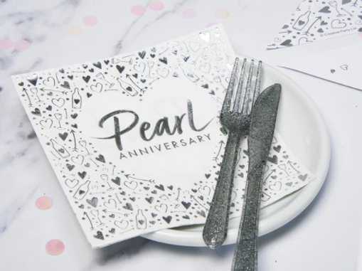 Pearl Anniversary Lunch Napkins 3 ply Foil Stamped - 33cm / 13" (16 Pack)