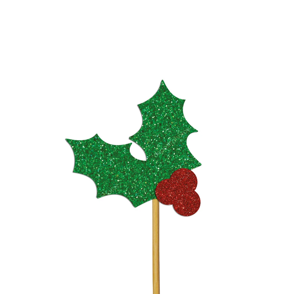 Glitter Cupcake Holly Toppers Red and Green (12 pack)