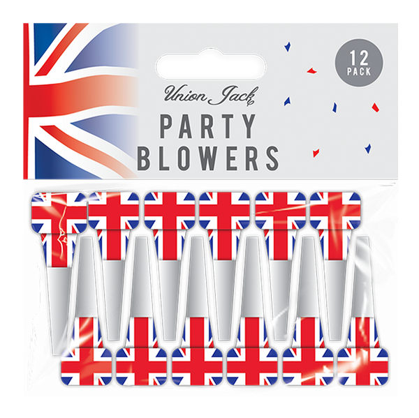 Union Jack Printed Party Blowers (12 Pack)