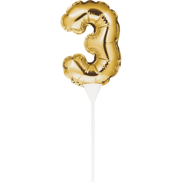 Self-Inflating Mini Balloon Cake Topper 3 Gold (Topper 13cm, Pick 10cm)