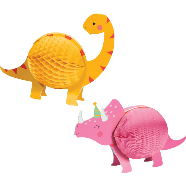 Dino Party Girl Honeycomb Centrepiece Set Brontosaurus 23 x 30cm Triceratops 19 x 23cm (2 pack)