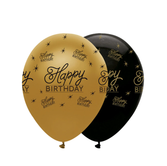 Black and Gold Happy Birthday Latex Balloons - Pearlescent (6 Pack)