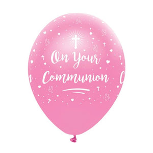 On Your Communion Pink Latex Balloons Pearlescent All Round Print 12 inch - (6 Pack)