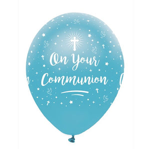 On Your Communion Blue Latex Balloons Pearlescent All Round Print 12 inch - (6 pack)