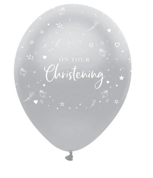 On Your Christening Latex Balloons Silver All Round Print (6 Pack)
