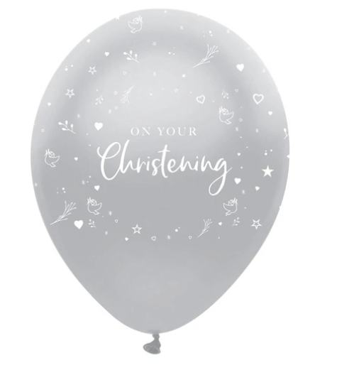On Your Christening Latex Balloons Silver All Round Print (6 Pack)