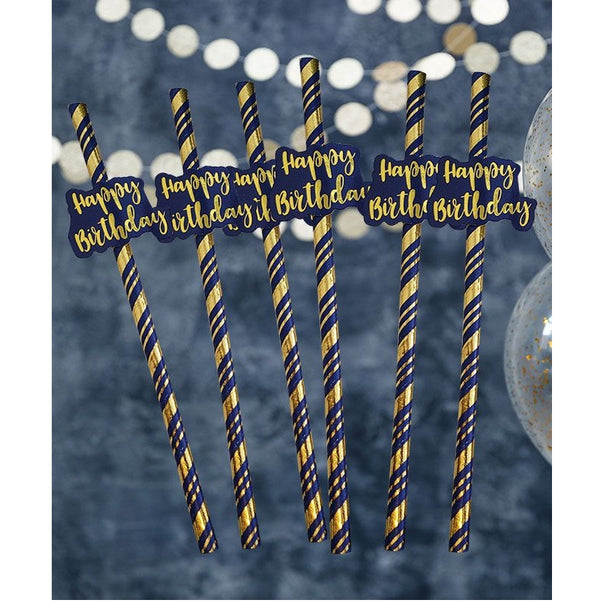 Navy & Gold Happy Birthday Straws (6 Pack)
