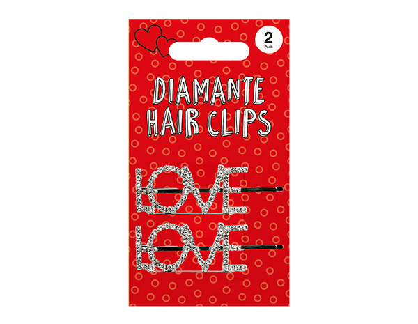 Metal 'Love' Diamante Hair Clips - (2 Pack)