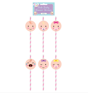 Pink Baby Shower Paper Straws (6 Assorted Designs)