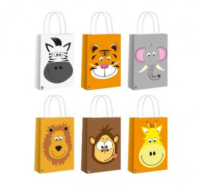 Jungle Faces Paper Party Bags With Handles in 6 Assorted Designs - (14X21X7cm)