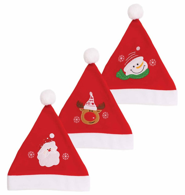Plush XMAS Character Applique Santa Hat in 3 Assorted Designs
