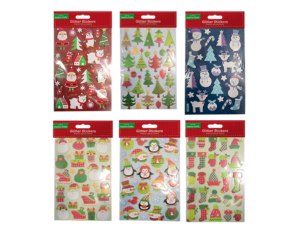 Xmas Glitter Finish 3D Stickers in 6 Assorted Designs