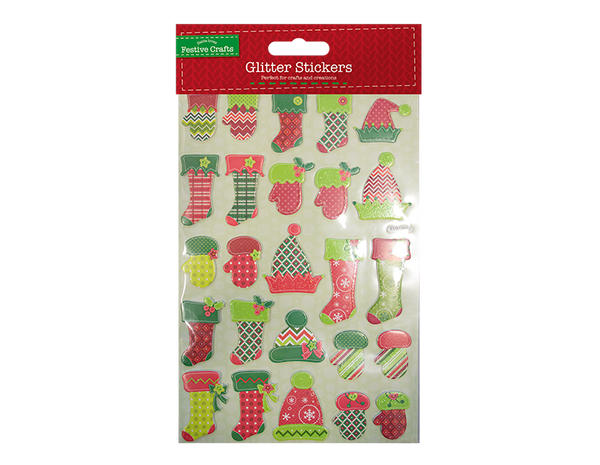 Xmas Glitter Finish 3D Stickers in 6 Assorted Designs